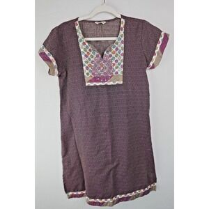 Indiyarn Boho Tunic Top M Purple Embroidered Floral Ethnic Print Short Sleeve In